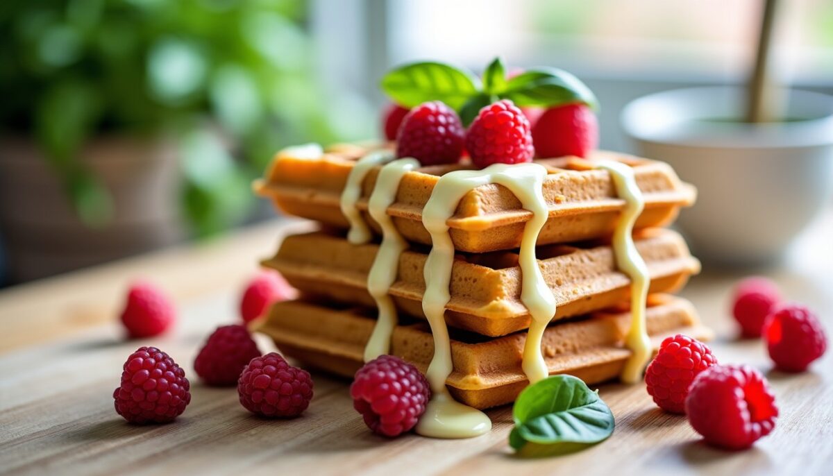 Délicieuses gaufres faciles au chocolat blanc, framboises fraîches et basilic aromatique